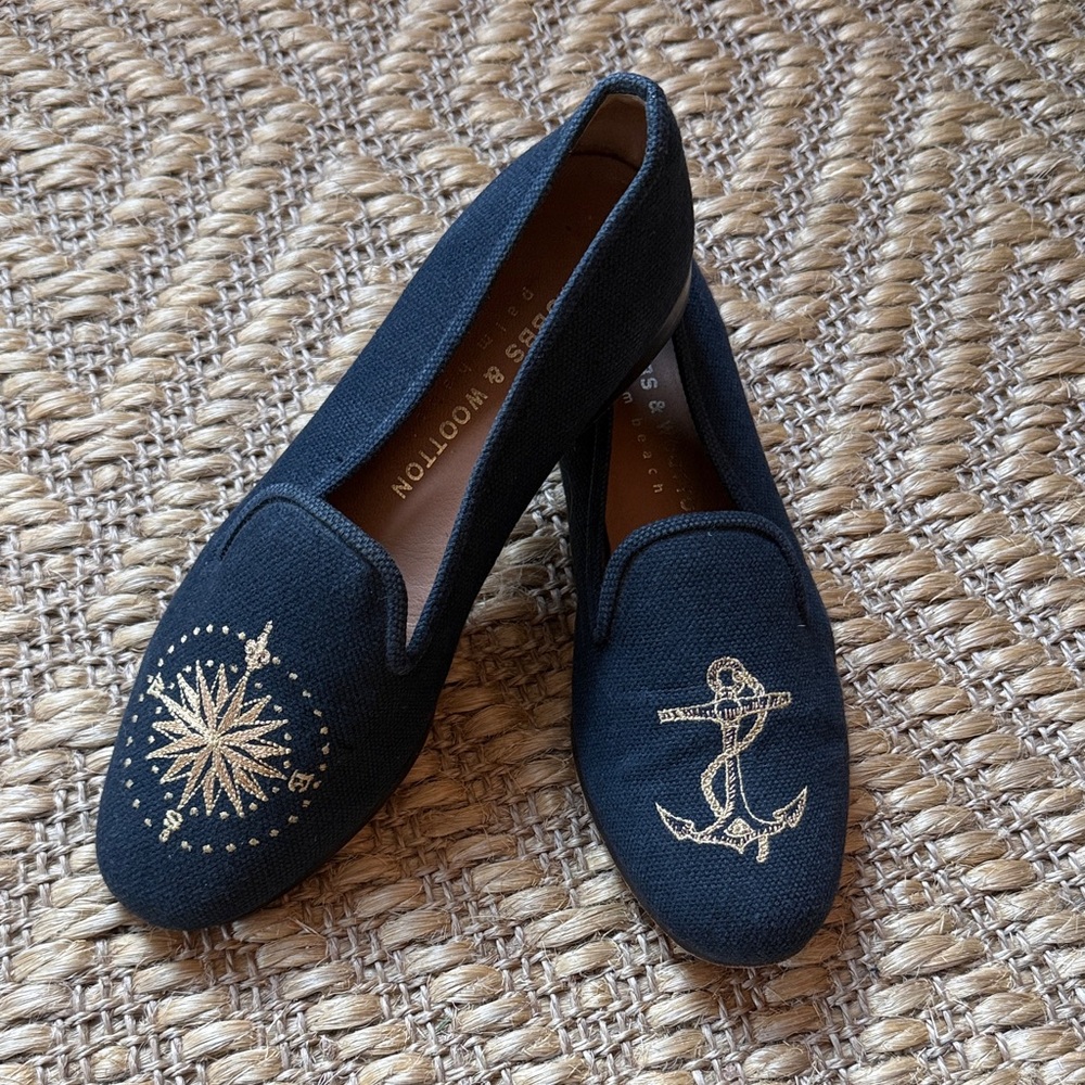 Stubbs & Wootton Navy Blue Linen Loafers with Gold Nautical Embroidery